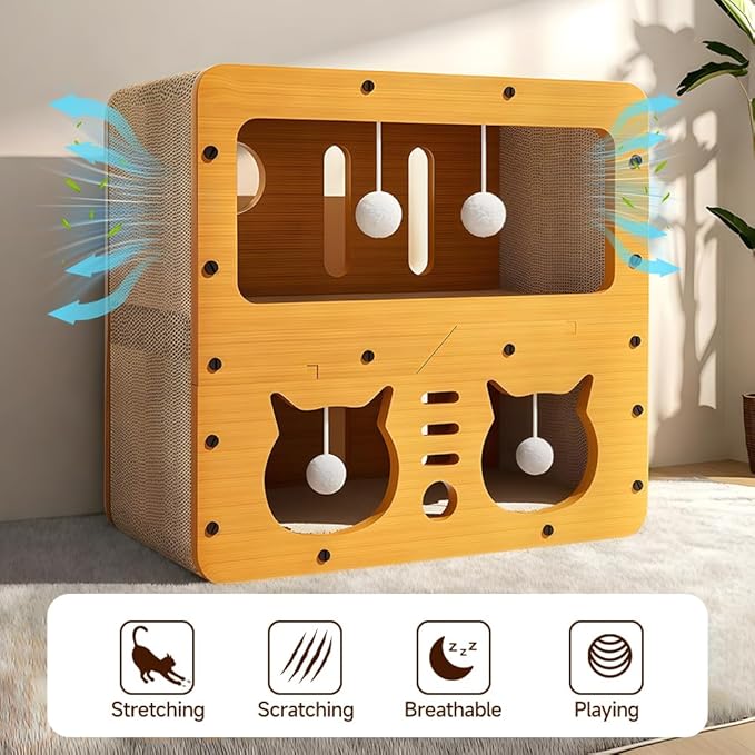 Breathable Cardboard Cat Scratcher House,Cat House for Indoor Cats,Wooden Cats Beds Condos，Bedsure Kitten Cave Furniture，Cute Playhouse Box，Large Size，Suitable for Cats up to 15 lbs