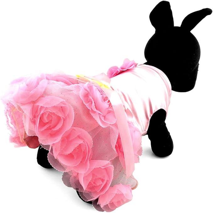 SMALLLEE_LUCKY_STORE Pet Small Dog Wedding Dress with Bowknot Birthday Party Costume Satin Rose Pearls Girl Formal Dress Cat Tutu Pink XXL