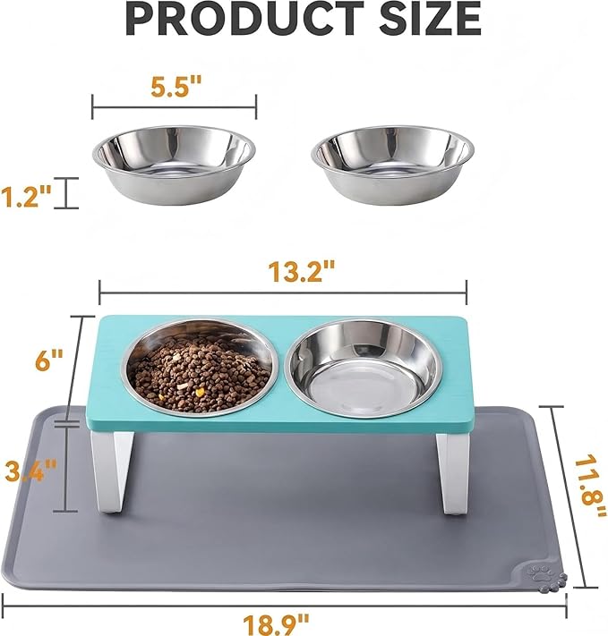 Upgraded Elevated Cat Bowls with Food Mat,15°Tilted Stand Anti Vomiting Raised Cat Dishes for Food and Water,2 Stainless Steel Bowls for Cats and Puppy（Teal）