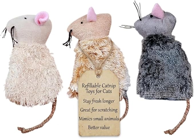 Ipetboom Refillable Catnip Toys for Cats - 3 Pack Interactive Cat Chew Toys for Indoor with Natural Long Fur and Jute Tail, Durable Plush Mouse Pet Fun Tool for Hunting and Boredom Relief