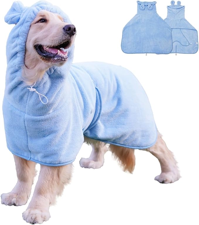 Pet Bathrobe for Dog Cat Absorbently Quick Drying Coat Cute Dogs Bath Towel Hooded Robe Adjustable Collar & Belly Strap for Pool Beach (Blue, X-Large)