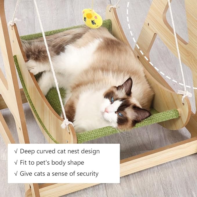 Wood Cat Hammock, Indoor pet Cat Swing Chair Bed Furniture for Sleeping, Playing, Climbing, Lounging, Easily Holds up to 20lbs
