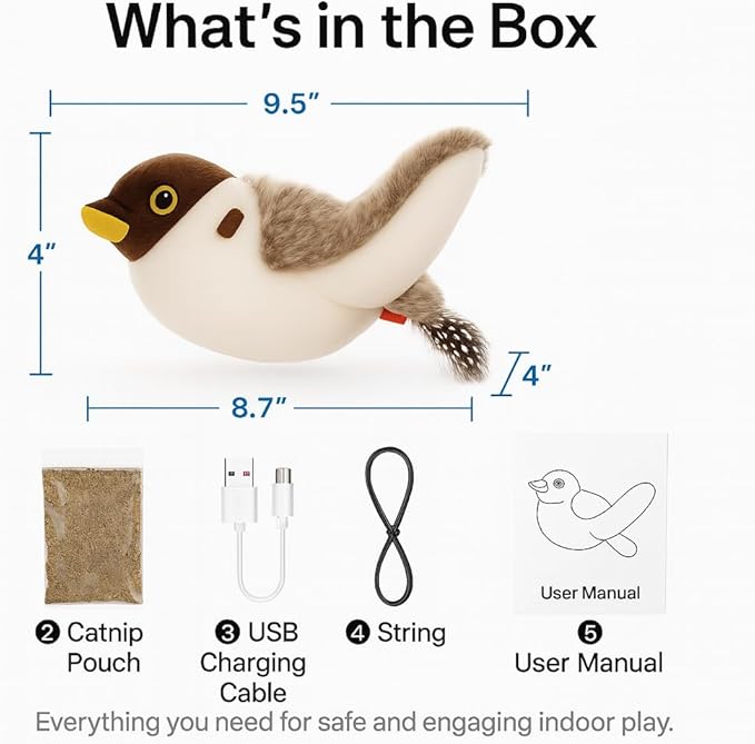 Flying Bird Cat Toy (Not a Flying Toy) – Flappy Bird Cat Toy with Flapping Wings & Chirping Sound, USB Rechargeable Motion-Activated Toy for Indoor Cats