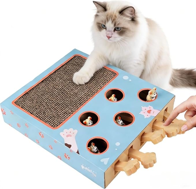 PAWISE Interactive Cat Scratcher Toy - 3-in-1 Cardboard Cat Scratching Board & Interactive Puzzle Toy Box for Indoor Cats, Nail File Scratch Pad with Pop-up Mice, Cat Enrichment Toy for Kitten