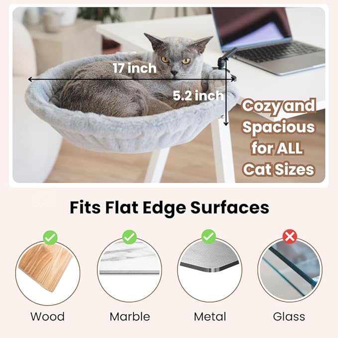 Cat Desk Bed – 180° Rotating & Adjustable Cat Hammock, 2 Washable Covers, Supports 40 lbs, Non-Slip Clamp, Soft Faux Fur, Space-Saving Design for Home Office, Remote Workers, Gamers