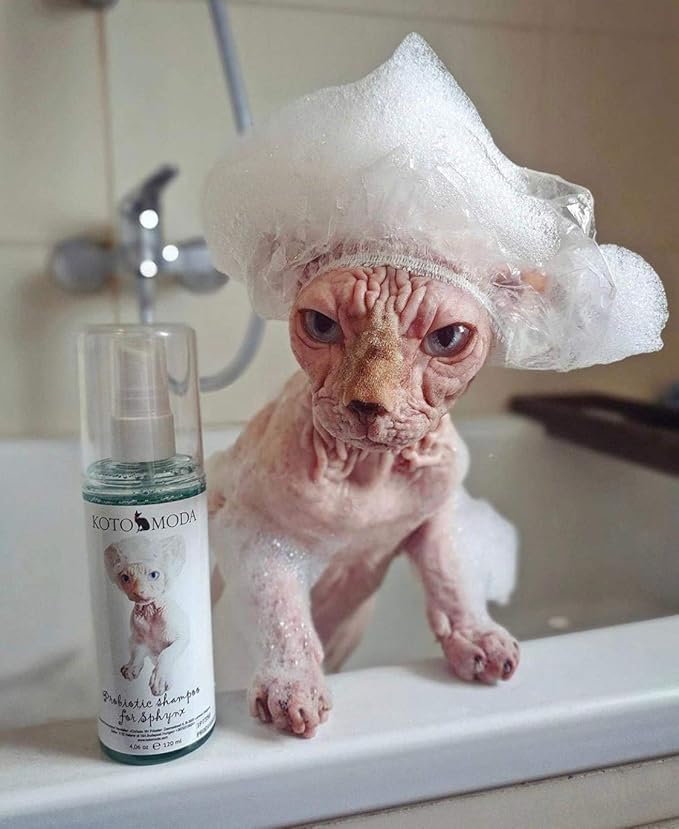 Probiotic Shampoo for Sphynx Cats, Gentle Unscented Cleanser for Hairless and Short-Hair Breeds, pH Balanced Moisturizing Formula for Sensitive Skin, 4.06 fl oz / 120 ml