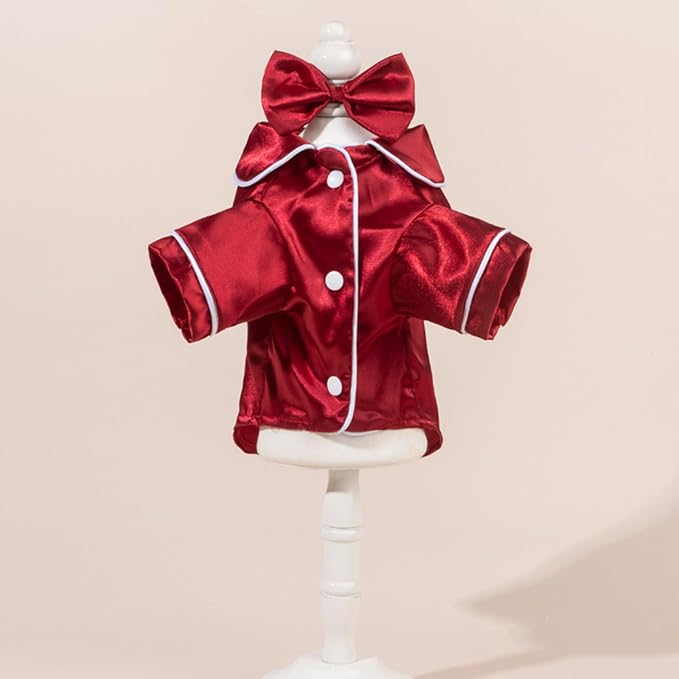 Cat Puppy Costume Elegant Satin Pajamas with Bow Headband 2PCs Set Pet Sleepwear Cute Pet Outfit Cosplay Partywear Photoshoots (red Set,Medium)