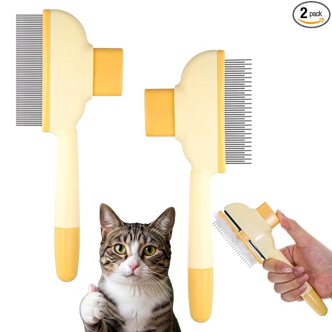 2 Pack Self-Cleaning Pet Comb for Dogs & Cats, Reusable Cat Grooming Brush Dog Shedding Brush Pet Hair Brushes Cats Fur Combs with Long Short Stainless Steel Metal Teeth for Indoor Dog Deshedding
