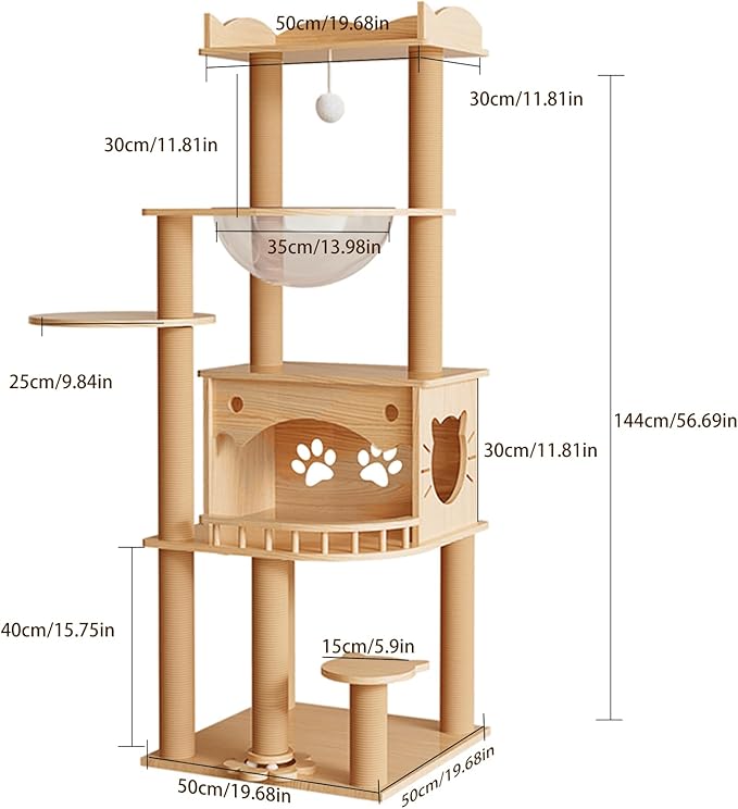 KVIDA Solid Pine Wood Cat Tree for Indoor Cats, 56.7” Tall Modern Cat Tower with Clear Acrylic Hammock & Condo House, Heavy Duty Wooden Cat Tree for Large Cats with Sisal Scratching Posts