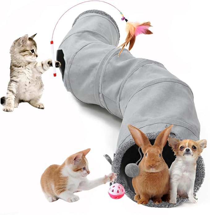 Cat Tunnel Tube Toy Collapsible 2 Way Grey Fleece, Pet Tunnels for Indoor Cats, Long Tubes for Puppy, Kitty, Kitten, Rabbit for Playtime & Exercise with Interactive Ball and Wand Toys Kit