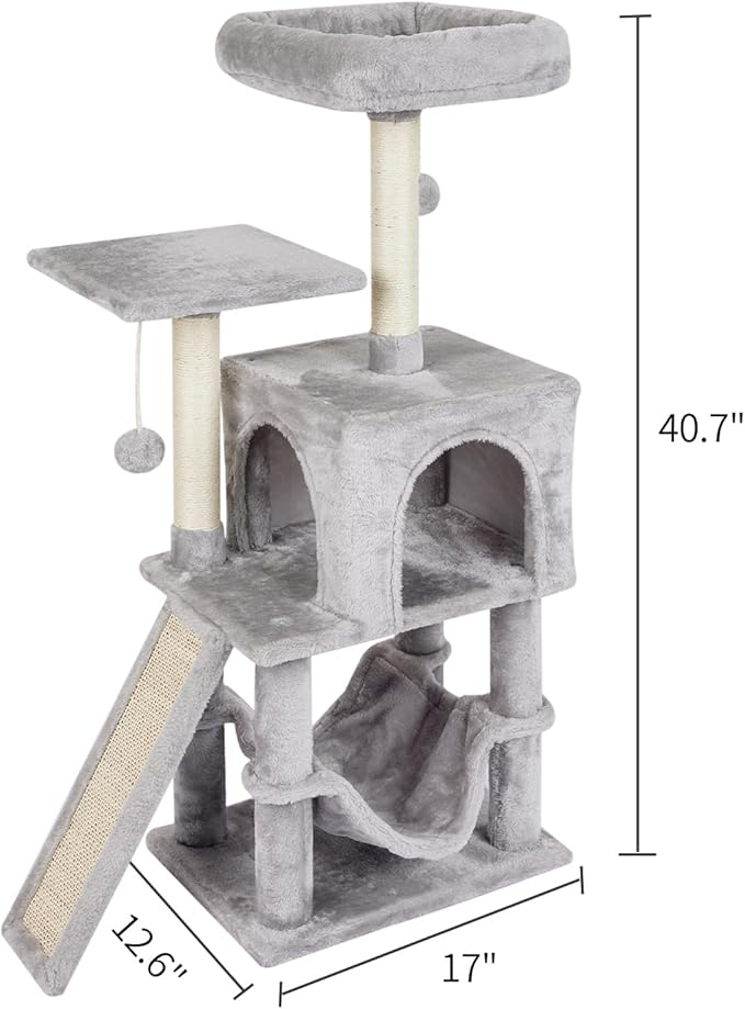 Grey Cute Cat Tree for Indoor Cat Tower with Scratching Post Modern Activity House Hammock Hanging Ball Condo with Board