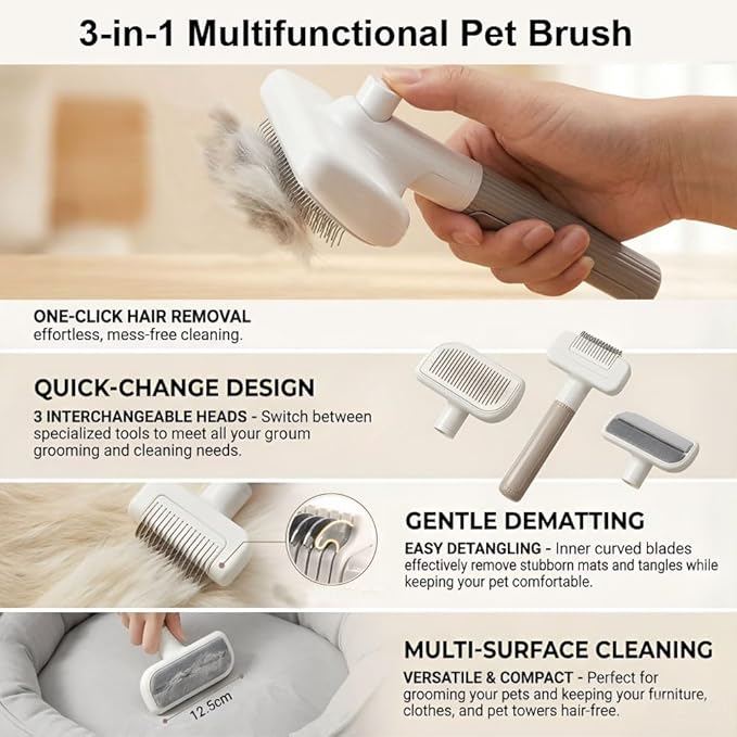 3 in-1 Pet Grooming Brush Set for Dogs & Cats, Self-Cleaning Deshedding Brush & Slicker Brush, Hair Remover Tool for Indoor Long & Short Haired Pets