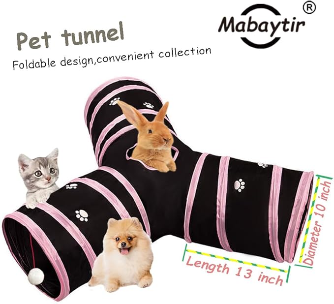 Cat Tunnel Tube Toy Collapsible 3 Way Black with Pink Paws, Pet Tunnels for Indoor Cats, Play Tubes with Hanging Ball for Kitten, Puppy, Rabbit, Interactive Toys for Fun Playtime & Exercise