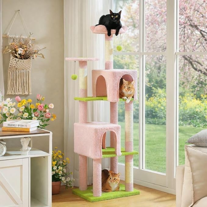 62" Flower Cat Tree for Large Cats, Multi-Level Cat Tower with 2 Plush Condos, Soft Bed, Scratching Posts & Pad, Padded Perch & 2 Hanging Pompoms for Indoor Cats,Pink