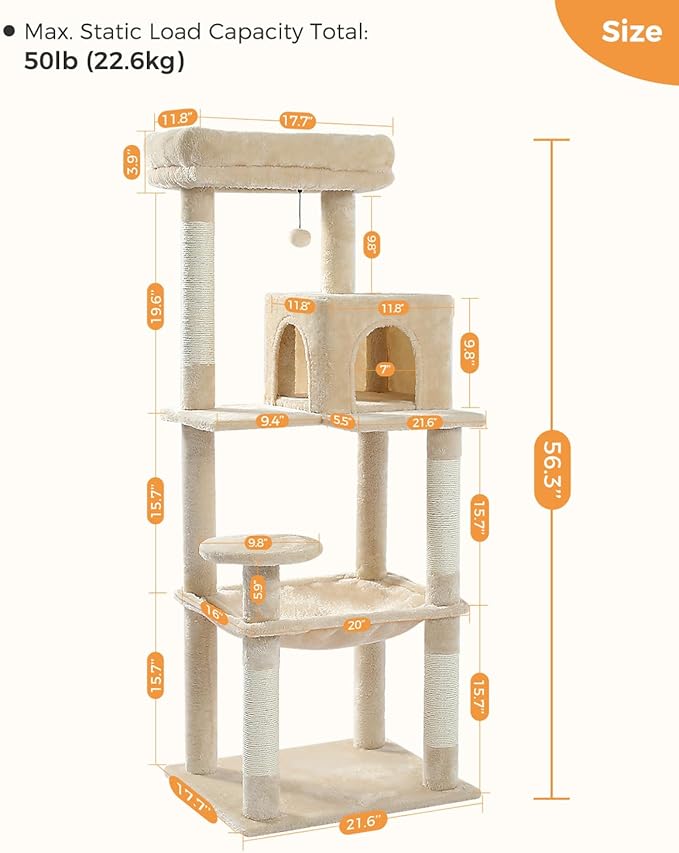 MUTTROS Cat Tree for Large Cats Adult with Metal Plush Big Hammock, 56.3" Cat Tower with 2 Door Condo House, 6-Tier Cat Shelves with Scratching Posts and Large Top Perch, Beige