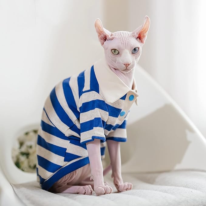 Sphynx Cat Shirt Cotton Hairless Kitten Polo T-Shirt with Sleeves Pullover Cat Pajamas for Sphynx Cornish Rex, Devon Rex, Peterbald (Blue White Polo, XX-Large)