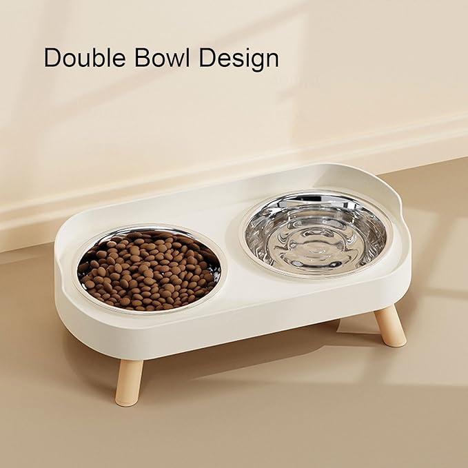 AYNEFY Elevated Cat Bowl,Tilt Proof Stainless Steel Integrated Double Elevated Pet Water Food Bowl Raised Cat Food and Water Dish for Cats and Small Dogs (White)