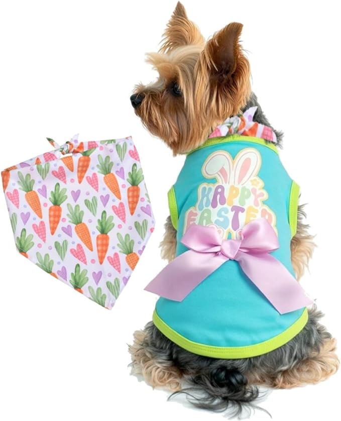 Small Dog Happy Easter Outfit Bunny Shirt & Bandanas Pet Cat Clothes Vest Blue S