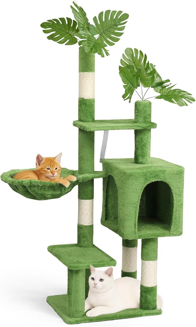 VINGLI Cat Tree, Cat Tower with Leaves, Cat Condo for Indoor Kittens, Cats Activity Center with Cozy Hammock, Sisal Scratching Posts, Green (48" H)