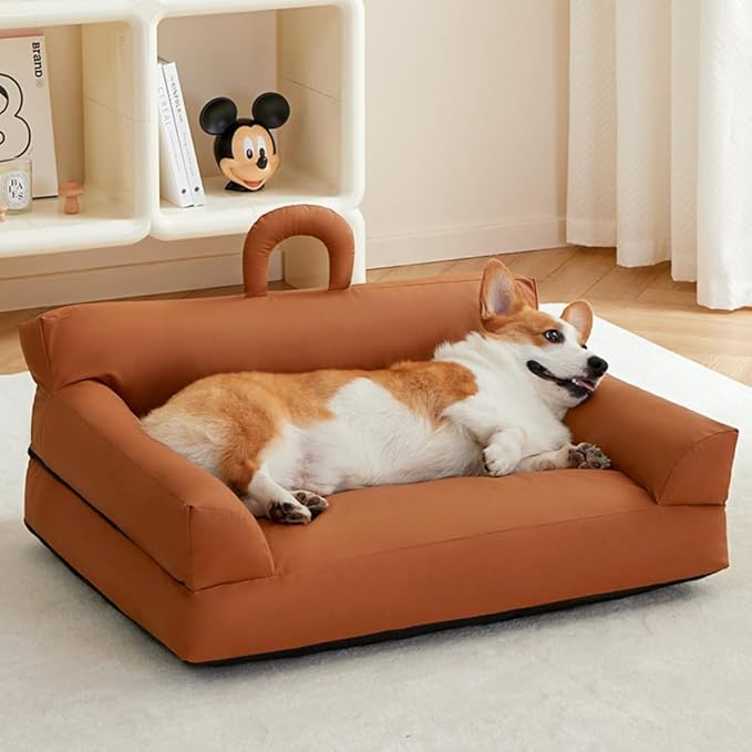 Pet Sofa Bed for Small Cats & Dogs - Faux Leather Cat Dog Couch with Non-Slip Bottom, Soft Kennel Sofa Chair for Indoor Use(Gray)