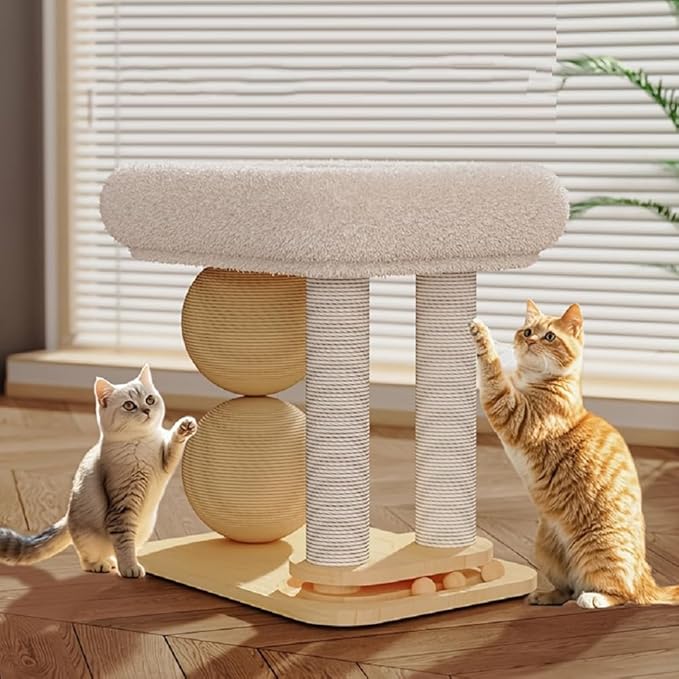 Modern Solid Wood Pet Cat Climbing Tree Tower with Sisal Ball Cooling Mat Cat Scratching Posts Wear Resist Integrated Sisal Bed Pet Climbing Frame Indoor for Summer (16.38X15.21X11.31 inch)
