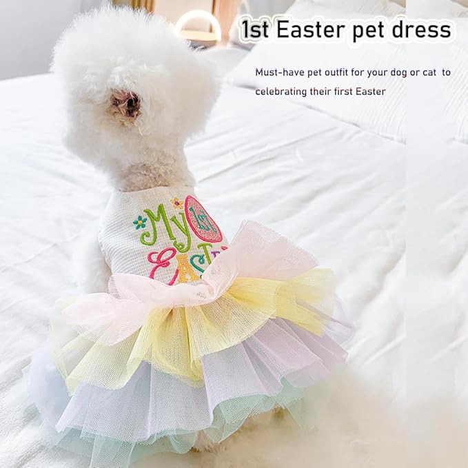 ANIAC Happy 1st Easter Dog Dress Girl Holiday Puppy Clothes for Small Dog Easter Cat Outfit Eggs Print Rainbow Doggy Princess Tutu Dress Pet Clothing (Medium)
