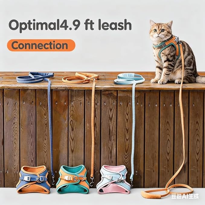 Cat Harness and Leash Set, Escape-Proof Step-in Design with Reflective Straps, Adjustable for Small Medium Cats, Soft Mesh, Clip Closure, Machine Wash, Green+Blue, M