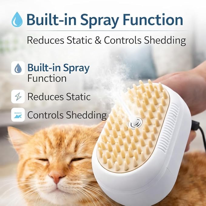 Electric Cat Grooming Brush with Spray, 3 in 1 Self-Cleaning Pet Comb for Shedding, Massage & Hair Removal, Rechargeable Deshedding Brush for Long & Short Haired Cats and Dogs