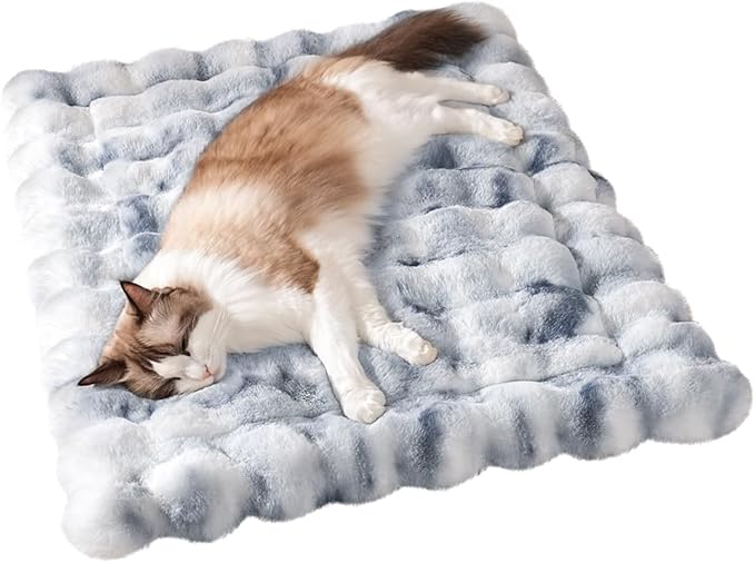 SOMAHE Cat Bed, Plush Faux Fur Kneading Flat Mat - Machine Washable Fluffy Pet Bed for Indoor Cats, Non-Slip Small Kitten Bed, Therapeutic Knead Cat Mat for Couch & Window Sill, 23"×15" Inch, Blue