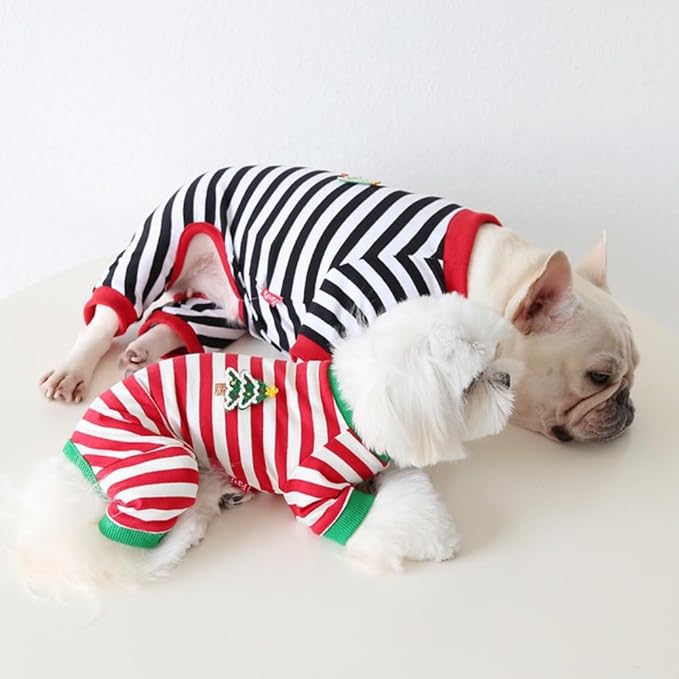 Hdwk&Hped Soft Cotton Dog Pajamas for All Seasons, Striped Solid Pet Bottoming Jumpsuit for Small Dog Cat Puppy 3 Styles (Christmas Style 2-Pack, #1)