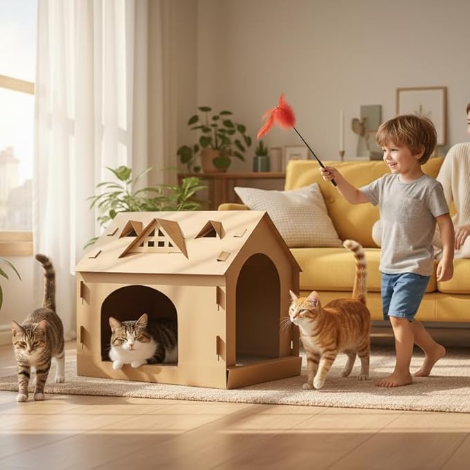 17.3 Inch Multiple Windows Detachable Cardboard House, House with Scratching Board, Indoor Playhouse, Scratching Mat with Catnip