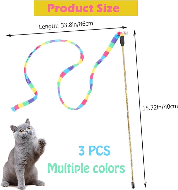 KABASI 3PCS Interactive Cat Rainbow Wand Toys, Colorful Cats String Toy Teaser Wand Sturdy Pole with Spring Balls for Kitten Cat Having Fun Exerciser Playing Indoor and Outdoor