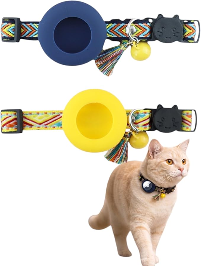 Cat Collar with AirTag Holder – Breakaway Lightweight Woven Cat Collar, Adjustable with Bell for Cats & Kittens (Royal Horizon Set) | Amazegoods