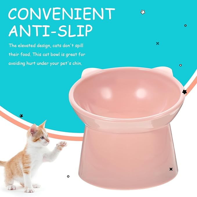 jojofuny Elevated Tilted Cat Food Bowl with Neck Guard, Food-Grade Plastic Raised Pet Feeder for Indoor Cats and Small Dogs, Cute Pink Slow Feeder Bowl for Feeding and Watering