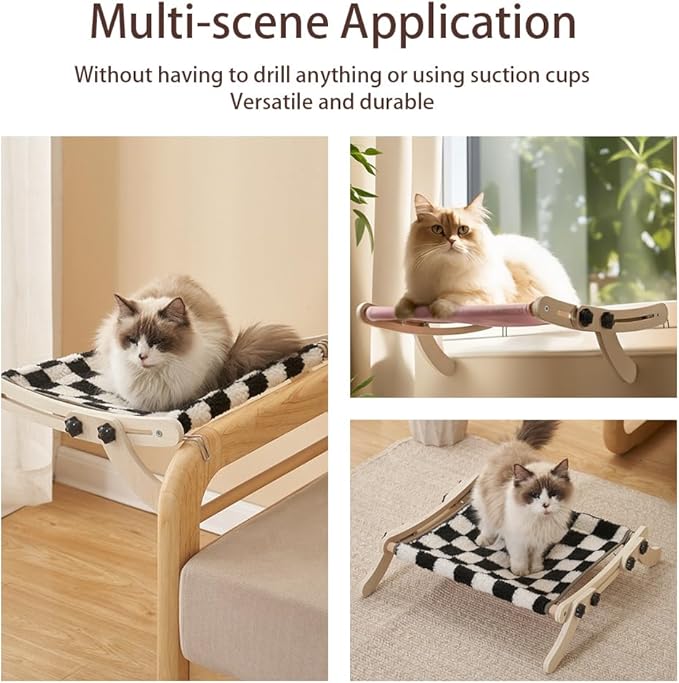 Cat Window Perch, No Screws Easy to Adjust & Assemble, Adjust Wooden Seat for Kitten Bedside Windowsill, Wooden Cats Furniture