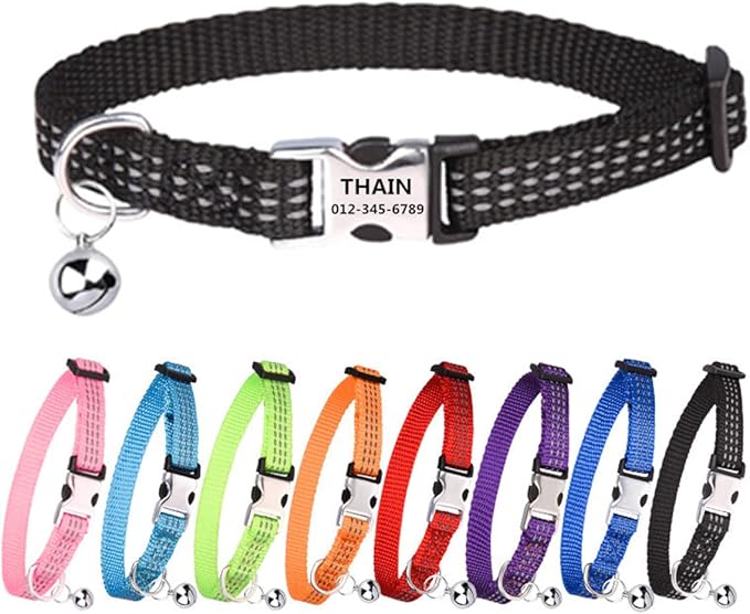 THAIN Cat Collar Personalized Reflective with Bell-Custom Cat Collar Engraved nameplate with Name and Phone,Adjustable for Cats and Kitten (Black)