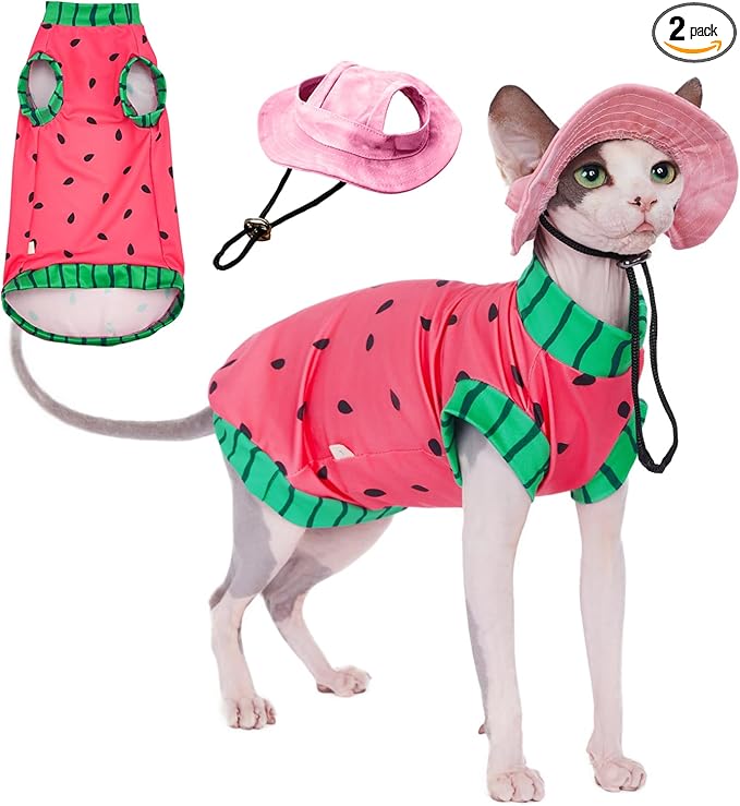 Sphynx Cat Watermelon Shirt &Sun Hat for Summer, Cooling Breathable UPF 50+ Shirt for Cats & Small Dogs Apparel, Shirt and Hat Set for Cats (XL (8-11lbs)