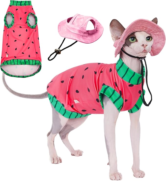 Sphynx Cat Watermelon Shirt &Sun Hat for Summer, Cooling Breathable UPF 50+ Shirt for Cats & Small Dogs Apparel, Shirt and Hat Set for Cats (M (3.5-5.5lbs)), Pink