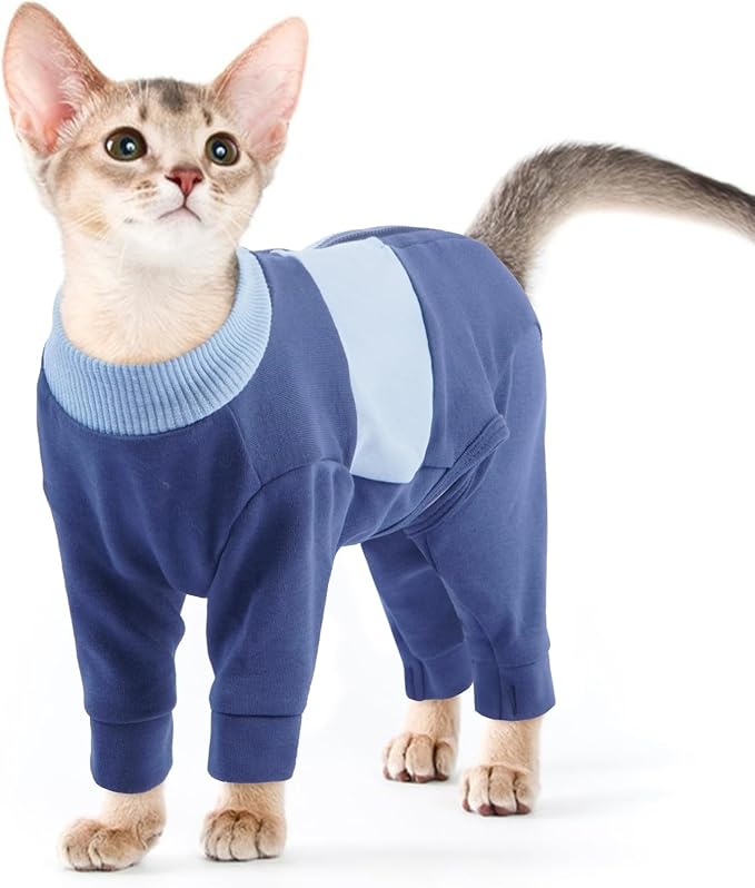QBLEEV Cat Clothes, Soft Cat Sweaters for Cats Only, Kitten Surgery Recovery Suit Onesie Pajamas, Four Legs Cats Shirts Apparel Clothing for Hair Loss Prevention, Blue, S