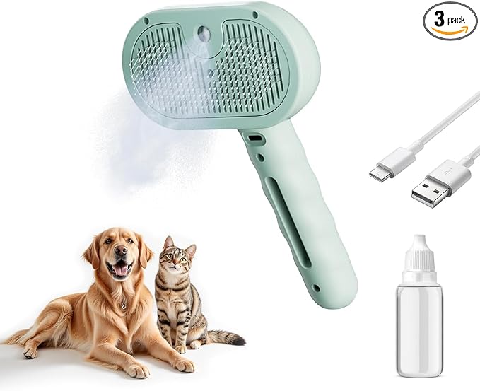Pet Steam Brush for Dog and Cat，3 in 1 Spray Hair Removal Comb，Steam for Shedding & Grooming，Water Brush for Long and Short Haired Pets Remove Tangled Loose Hairs (Green)