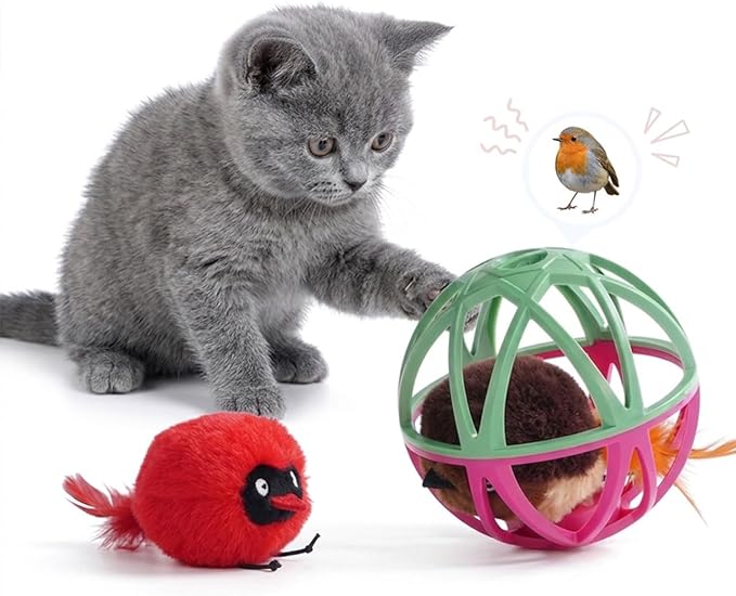 Cat Toys for Indoor Cats - Interactive Ball Cage Cat Toy with Realistic Bird Sounds & 2 Catnip Plush Toys, Motion-Activated Hunting Simulation Toy for Cats