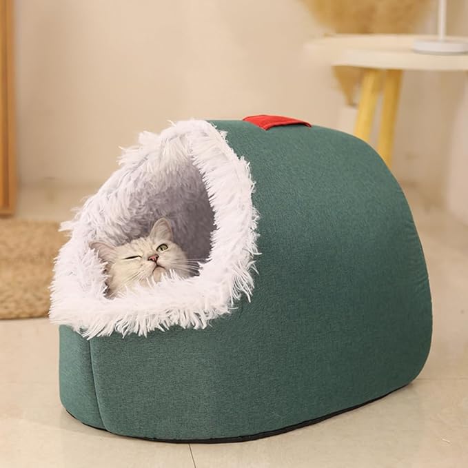 Plush Cat Cave Bed for Indoor Cats & Small Dogs - Fluffy Covered Pet House, Self-Warming Removeble Dog Bed with Anti-Slip Bottom, Washable Cat Hideaway Hut (Green,Large)