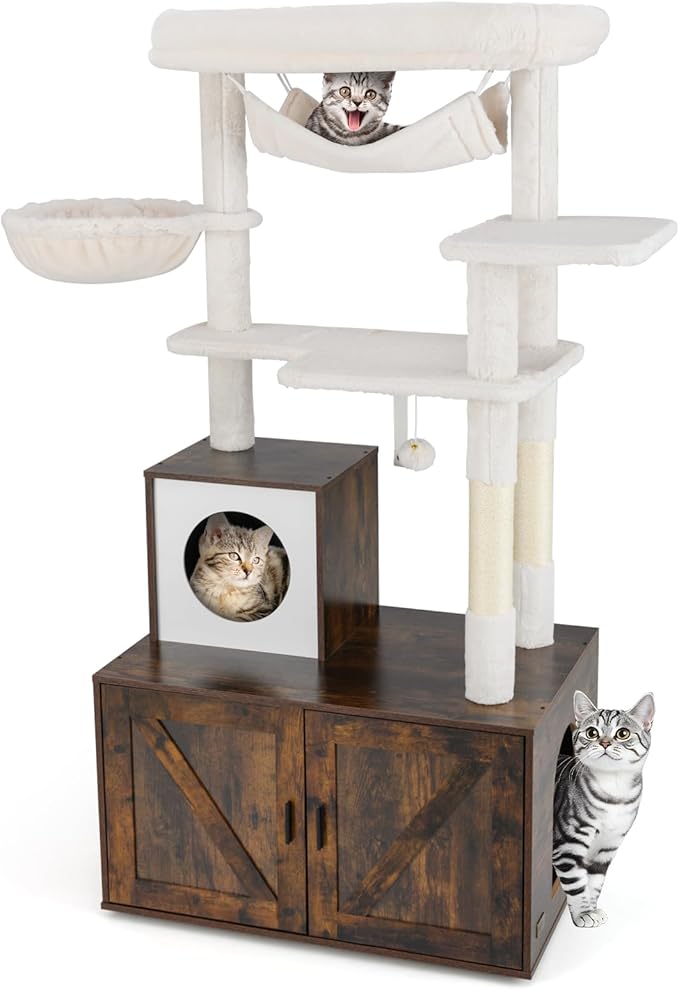 PETSITE Cat Tree with Litter Box Enclosure, Industrial Hidden Litter Box with Cat Tree Tower, Sisal Scratching Posts, Condo, Side Basket Bed, Hammock, Dangling Ball, and Anti-toppling Device