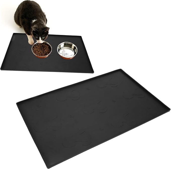 Dog Feeding Mat, Waterproofed Cat Food Mats, Anti Slip Silicone Cat Dog Food Mat for Messy Drinkers to Protect Floors (Black)