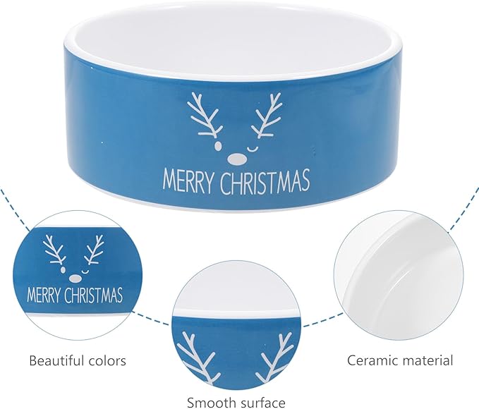 VILLCASE Christmas Ceramic Cat Bowl and Dog Feeding Dish with Snowman and Reindeer Pattern, Blue Porcelain Pet Food Bowl for Floor Feeding and Watering, Holiday Pet Supplies