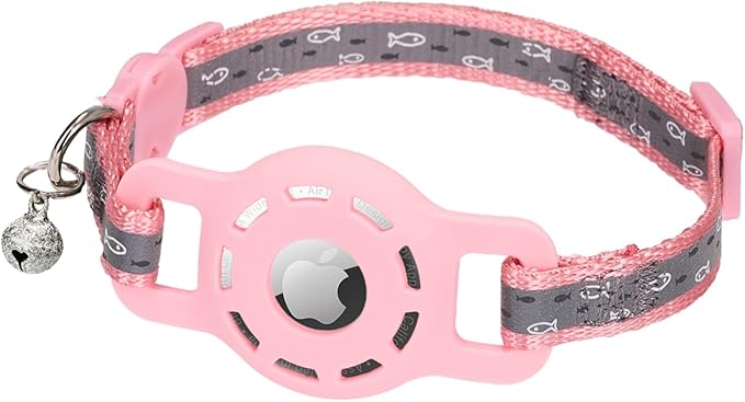Reflective Cat Collar with Airtag Holder Breakaway Safety Airtag Kitten Collars with Bell for Female Girl Cats,Pink