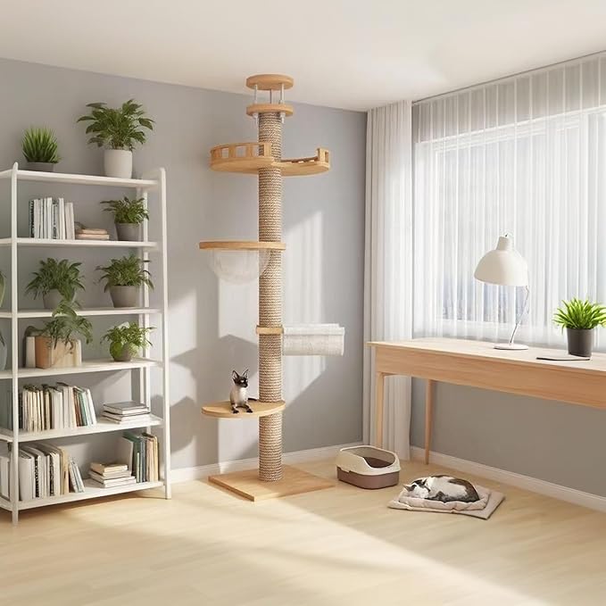 Cat Tree Floor to Ceiling,Solid Wood Height Adjustable Cat Tower,6-9.5ft Tall Cat Tree with Scratch Post for Large Cats,Aesthetic Multi-Level Cat Climbing Tree for Indoor Cat (L)