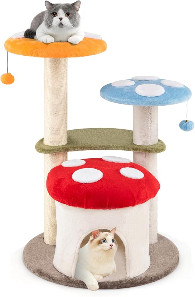 Tangkula Mushroom Cat Tree, 35 Inch Cute Cat Tower with Sisal Scratching Posts, Cat Condo, Padded Platforms, Dangling Balls, Multi-Level Modern Cat Furniture, Activity Center for Indoor Cats & Kittens