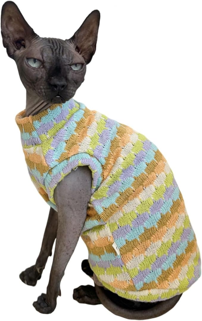 Sphynx Cat Clothes Hairless Cat Vest Elastic Cat Sweater Outfit, Pet Clothes for Sphynx Cat Coat for Cats and Small Dogs Apparel, Hairless cat Shirts Sweaters (Cyan Chestnut, Medium)