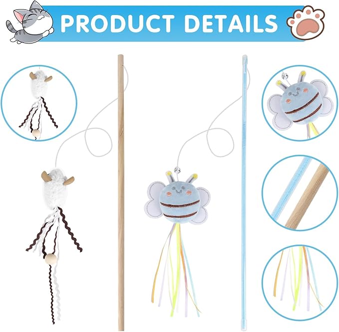 NOWFRESH Cat Wand Toy Set, 2 PCS Interactive Cat Teaser Wands with Cute Paper Balls & Paper Circles Designs, Equipped with Bells and Streamers to Captivate Your Cat’s Attention